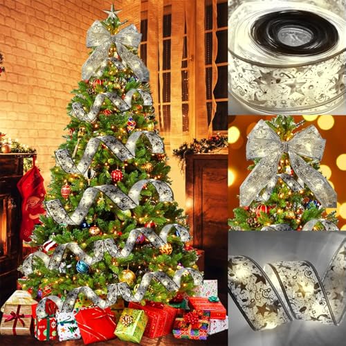 Longzhuo Weihnachtsband Lichter, 10m 100 LED Glänzende Bänder Lichter, Weihnachtsdeko, Weihnachtsband Lichterkette mit Warmes Licht für Christbaumschmuck, Hochzeiten, festliche Dekorationen (Silber) von Longzhuo