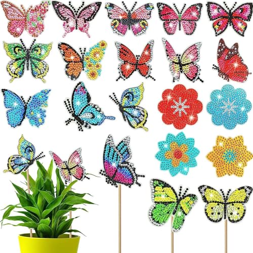 Lonimia 20 Stück Schmetterling Diamond Painting Kits, Garten Schmetterlinge Deko, Schmetterling Blume Stakes Diamant Kunst, Schmetterling Diamant Painting Ornaments Zubehör für Garten Dekor von Lonimia