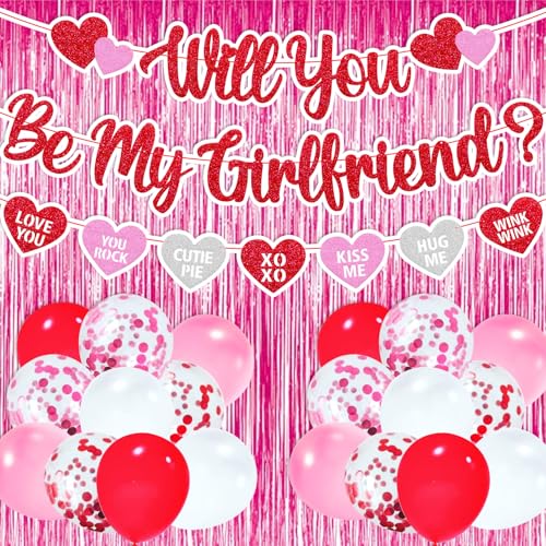 Will You Be My Girlfriend Banner Be My Girlfriend Party Decorations Set Happy Valentine's Day Theme Balloons Pink Foil Curtains Be My Valentine Romantic Anniversary Party Supplies von Lonkisyl