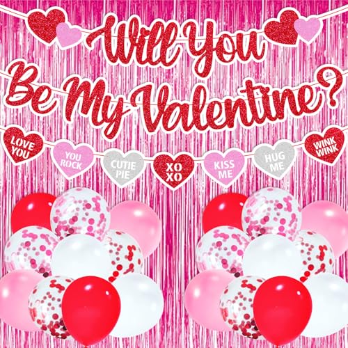 Will You Be My Valentine Banner Happy Valentine's Day Party Decorations Set Be My Valentine Theme Balloons Pink Foil Curtains Romantic Valentine's Day Engagement Wedding Party Supplies von Lonkisyl