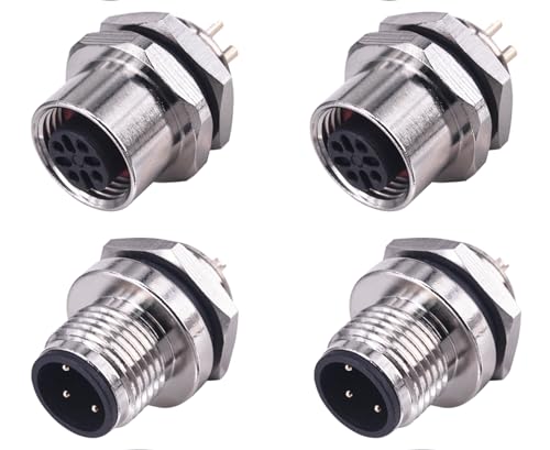 M12 4 Pin Male+Female Panel Recessed Socket Sensor Connector, Threaded Connector, Industrial Round Aerospace Flange Socket, Metal Plug, Waterproof IP67, Pack of 2 von Lonlonty