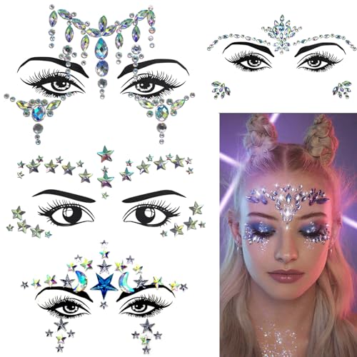 Lonnalee Glitzersteine Gesicht Festival Outfit, Glitzer Gesicht Edelsteine, Edelsteine Temporäre Tattoos Schmucksteine Gesicht Juwelen Kristalle Strasssteine für Karneval Party Make up 4Pcs von Lonnalee