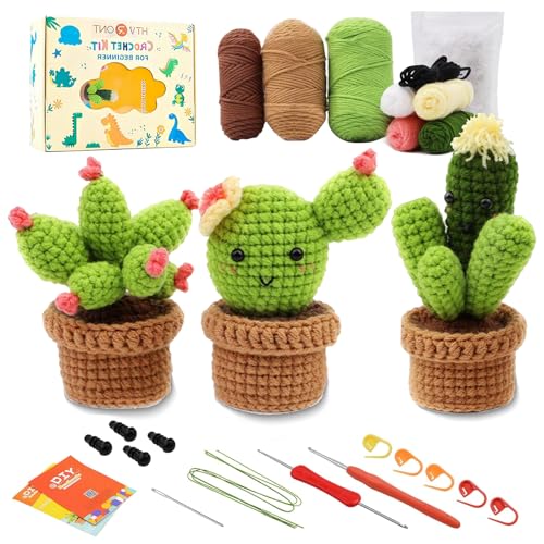 Lonsien Häkelset für Anfänger 3 Cactus Häkeln Für Anfänger Komplett Stricken für Anfänger Set Crochet Set für Kinder Erwachsene DIY mit Häkelnadeln Garn mit Schritt-für-Schritt Videoanleitungen von Lonsien