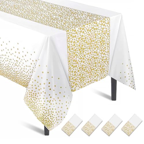 Lonsien Weiß Gold Party Tischdecke Einweg 4 Stück Tischdecke Bierzeltgarnitur 137 x 274 cm Wasserdicht Plastik Rechteckig Tischtuch Geeignet für Hochzeit, Weihnachten, Abschlussfeier,Geburtstag von Lonsien