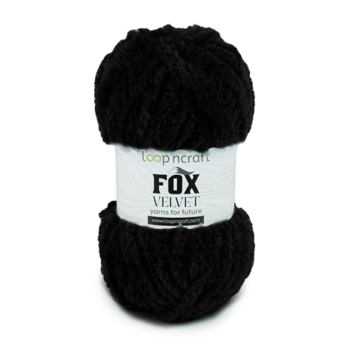 Chenille Garn, Schwarz, Loopncraft, 100g, Fox Velvet, Plüschiges Garn mit Fransen von Loopncraft