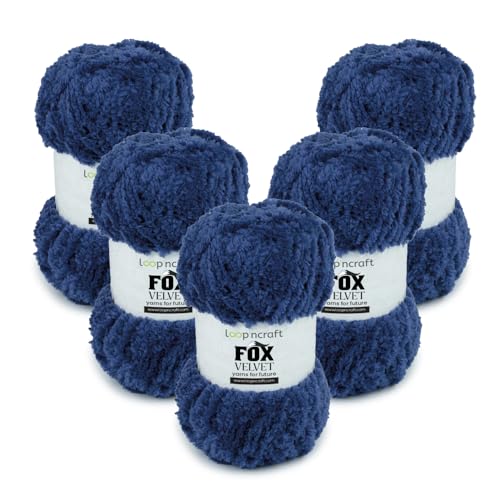 Chenille Garn 5er-Set, Marineblau, Loopncraft, 5 X 100g, Fox Velvet, Plüschiges Garn mit Fransen von Loopncraft