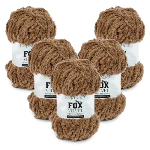 Chenille Garn 5er-Set, Milch-Braun, Loopncraft, 5 X 100g, Fox Velvet, Plüschiges Garn mit Fransen von Loopncraft