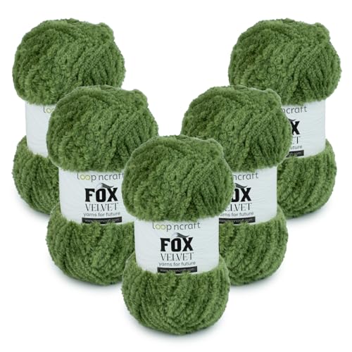 Chenille Garn 5er-Set, Olivengrün, Loopncraft, 5 X 100g, Fox Velvet, Plüschiges Garn mit Fransen von Loopncraft