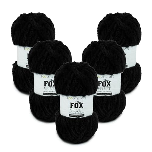 Chenille Garn 5er-Set, Schwarz, Loopncraft, 5 X 100g, Fox Velvet, Plüschiges Garn mit Fransen von Loopncraft