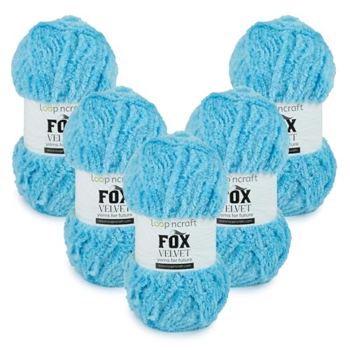 Chenille Garn 5er-Set, Türkis, Loopncraft, 5 X 100g, Fox Velvet, Plüschiges Garn mit Fransen von Loopncraft