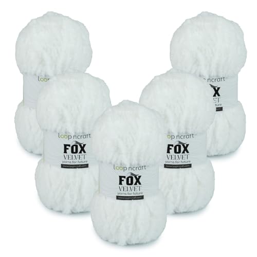 Chenille Garn 5er-Set, Weiß, Loopncraft, 5 X 100g, Fox Velvet, Plüschiges Garn mit Fransen von Loopncraft