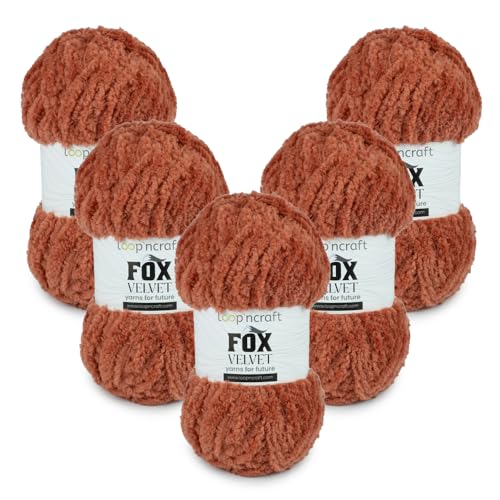 Chenille Garn 5er-Set, Ziegelrot, Loopncraft, 5 X 100g, Fox Velvet, Plüschiges Garn mit Fransen von Loopncraft