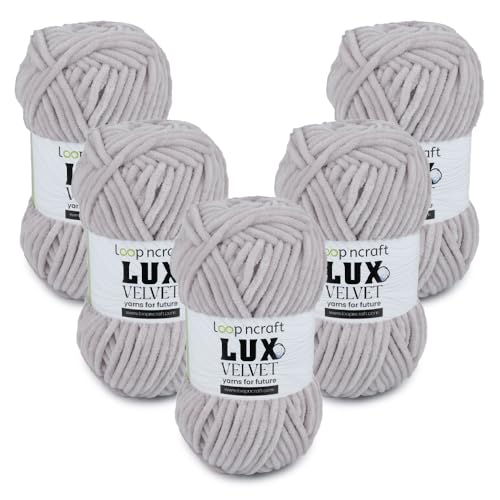 Chenille Wolle 5er-Set, Grau, Loopncraft, 5 X 100g, Lux Velvet, Super Weiches Samtgarn von Loopncraft