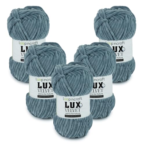 Chenille Wolle 5er-Set, Metallisches Blau, Loopncraft, 5 X 100g, Lux Velvet, Super Weiches Samtgarn von Loopncraft