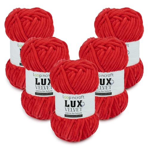 Chenille Wolle 5er-Set, Rot, Loopncraft, 5 X 100g, Lux Velvet, Super Weiches Samtgarn von Loopncraft