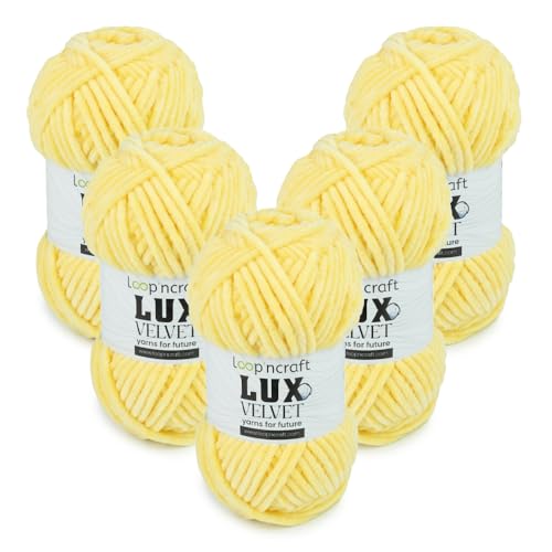 Chenille Wolle 5er-Set, Soft Gelb, Loopncraft, 5 X 100g, Lux Velvet, Super Weiches Samtgarn von Loopncraft