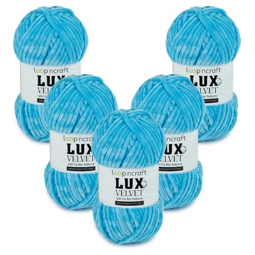 Chenille Wolle 5er-Set, Türkis, Loopncraft, 5 X 100g, Lux Velvet, Super Weiches Samtgarn von Loopncraft