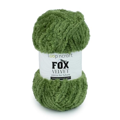 Loopncraft Chenille Garn, Olivengrün, 100g, Fox Velvet, Plüschiges Garn mit Fransen von Loopncraft