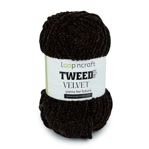 Loopncraft Chenille Wolle, Schwarz-Orange, 100g, Tweed Velvet, Super Weiches Zweifarbiges Samtgarn von Loopncraft