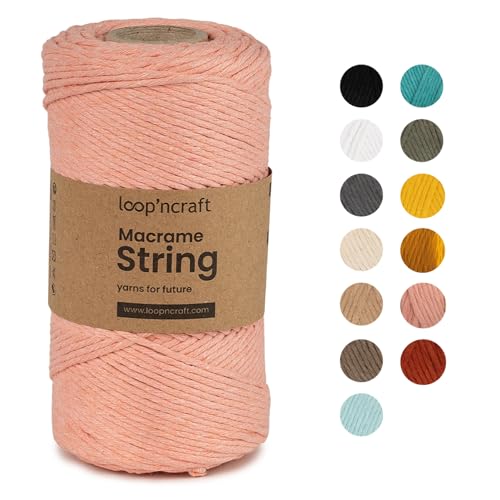 Loopncraft Macrame Garn Lachsrosa, 2mm - 150m, Einstrangig Natur Baumwollkordel, Recycling Garn von Loopncraft