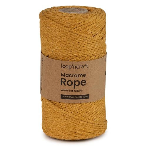 Loopncraft Macrame Garn Senffarbe, 2mm - 120m, gedrehte Natürliche Baumwollseil, Recycling Garn von Loopncraft