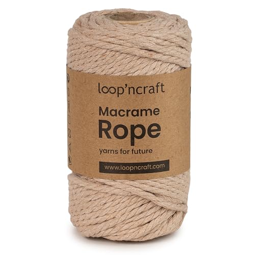 Loopncraft Makramee Garn Beige-Farbe, 4mm - 60m, gedrehte Natürliche Baumwollseil, Recycling Garn von Loopncraft