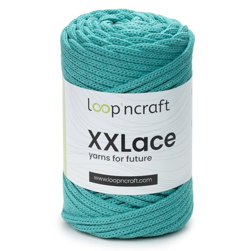 Loopncraft Makramee Garn Cyan Grün, 4mm - 65m - 250g, Kettengarn, XXLace Garn, Recycling Garn von Loopncraft