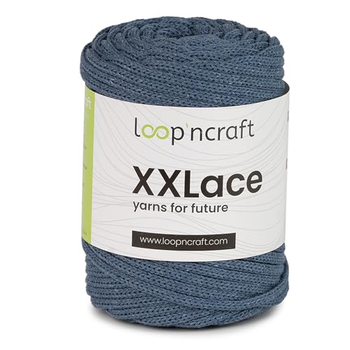 Loopncraft Makramee Garn Jeans Blau, 4mm - 65m - 250g, Kettengarn, XXLace Garn, Recycling Garn von Loopncraft