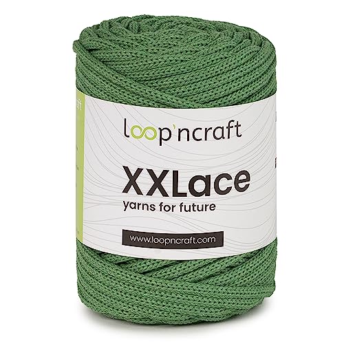 Loopncraft Makramee Garn Olivengrün, 4mm - 65m - 250g, Kettengarn, XXLace Garn, Recycling Garn von Loopncraft