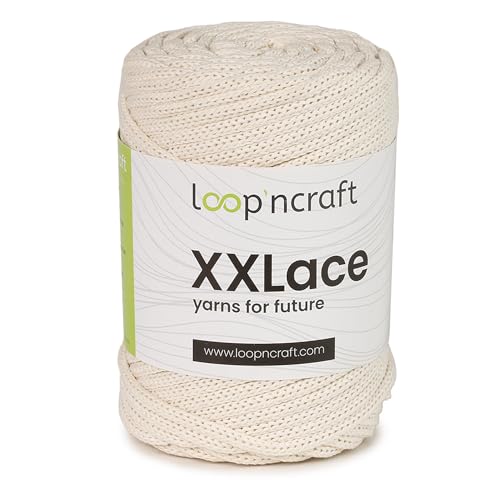 Loopncraft Makramee Garn Perlweiß, 4mm - 65m - 250g, Kettengarn, XXLace Garn, Recycling Garn von Loopncraft