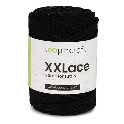 Loopncraft Makramee Garn Schwarz, 4mm - 65m - 250g, Kettengarn, XXLace Garn, Recycling Garn von Loopncraft