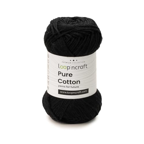 Loopncraft Pure Cotton, Schwarz, 50g, Amigurumi Garn, Premium gekämmter Baumwolle von Loopncraft