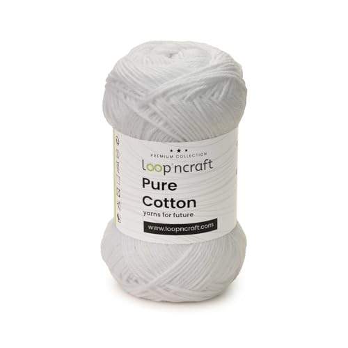 Loopncraft Pure Cotton, Weiß, 50g, Amigurumi Garn, Premium gekämmter Baumwolle von Loopncraft