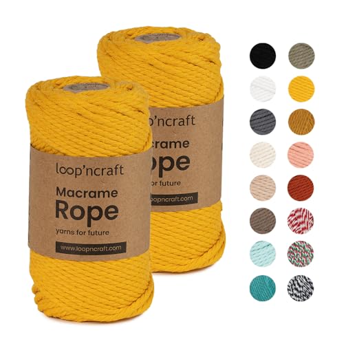 Macrame Garn 2er-Set Gelb, Loopncraft, 4mm - 120m, gedrehte Natürliche Baumwollseil, Recycling Garn von Loopncraft