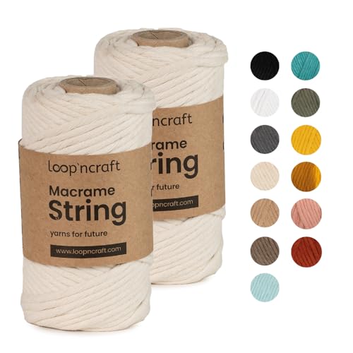 Macrame Garn 2er-Set Perlweiß, Loopncraft, 4mm - 148m, Einstrangig Natur Baumwollkordel, Recycling Garn von Loopncraft