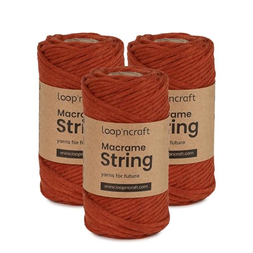 Macrame Garn 3er-Set Ziegelfarbe, Loopncraft, 3mm - 240m, Einstrangig Natur Baumwollkordel, Recycling Garn von Loopncraft