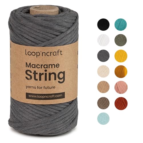 Macrame Garn Schiefergrau, Loopncraft, 5mm - 60m, Einstrangig Natur Baumwollkordel, Recycling Garn von Loopncraft