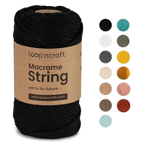 Macrame Garn Schwarz, Loopncraft, 5mm - 60m, Einstrangig Natur Baumwollkordel, Recycling Garn von Loopncraft