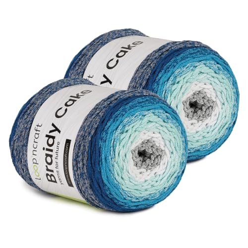 Makramee Cake Garn 2er Set, Aquamarin, Loopncraft, 2 X 250m - 250g Farbverlaufsgarn, Recycling Garn von Loopncraft