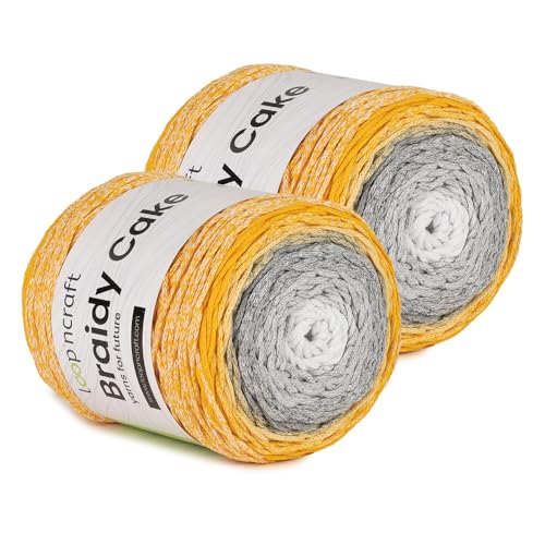 Makramee Cake Garn 2er Set, Citringelb, Loopncraft, 2 X 250m - 250g Farbverlaufsgarn, Recycling Garn von Loopncraft