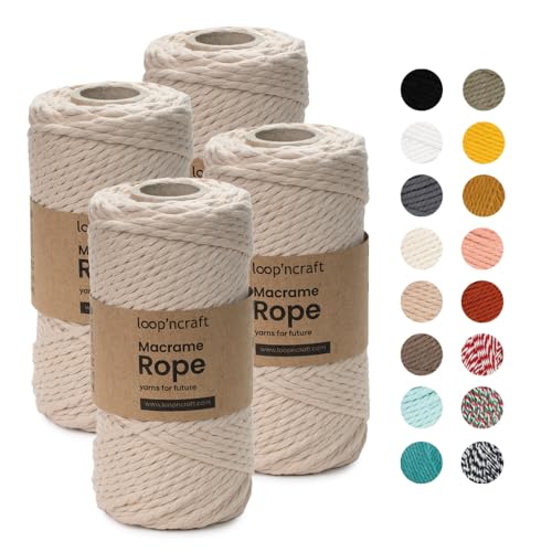 Makramee Garn, 4er-Set Beige-Farbe, Loopncraft, 3mm - 320m, gedrehte Natürliche Baumwollseil, Recycling Garn von Loopncraft