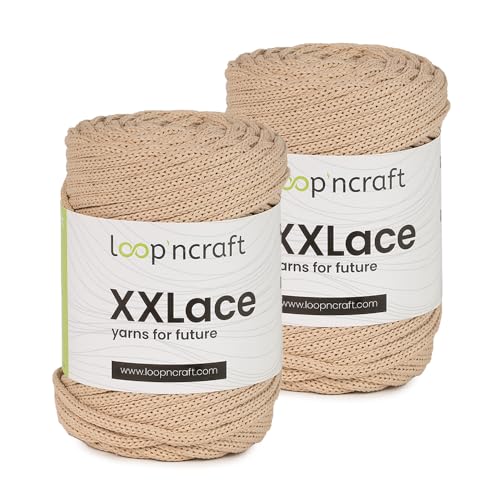 Makramee Garn 2er-Set Beige, Loopncraft, 2 X 4mm - 65m - 250g, Kettengarn, XXLace Garn, Recycling Garn von Loopncraft