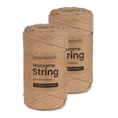 Makramee Garn 2er-Set Beige Farbe, Loopncraft, 4mm - 148m, Einstrangig Natur Baumwollkordel, Recycling Garn von Loopncraft