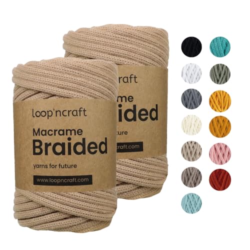 Makramee Garn 2er-Set Beige Farbe, Loopncraft, 6mm - 54m, Kettengarn, Recycling Garn von Loopncraft