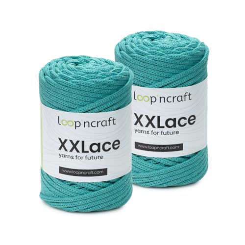 Makramee Garn 2er-Set Cyan Grün, Loopncraft, 2 X 4mm - 65m - 250g, Kettengarn, XXLace Garn, Recycling Garn von Loopncraft