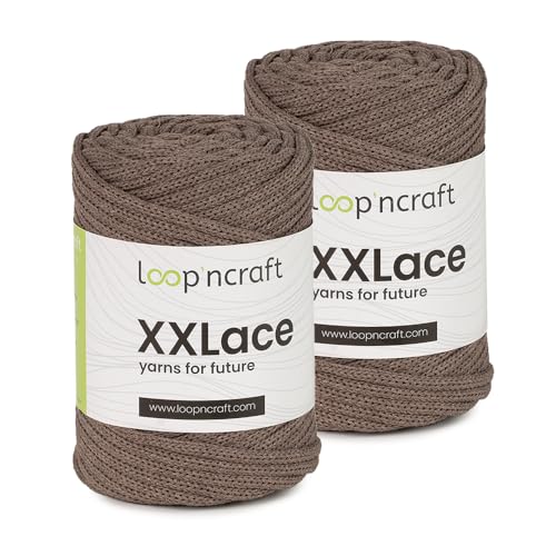 Makramee Garn 2er-Set Dunkel Beige, Loopncraft, 2 X 4mm - 65m - 250g, Kettengarn, XXLace Garn, Recycling Garn von Loopncraft