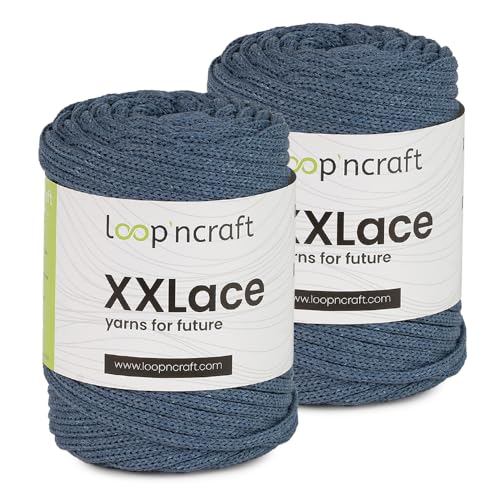 Makramee Garn 2er-Set Jeans Blau, Loopncraft, 2 X 4mm - 65m - 250g, Kettengarn, XXLace Garn, Recycling Garn von Loopncraft