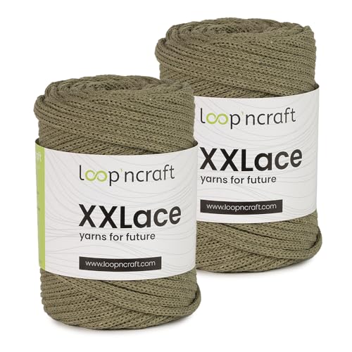 Makramee Garn 2er-Set Khaki, Loopncraft, 2 X 4mm - 65m - 250g, Kettengarn, XXLace Garn, Recycling Garn von Loopncraft