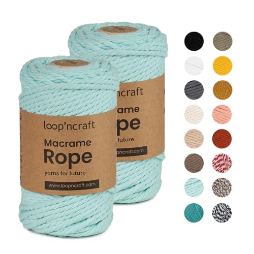 Makramee Garn 2er-Set Mint Grün, Loopncraft, 4mm - 120m, gedrehte Natürliche Baumwollseil, Recycling Garn von Loopncraft