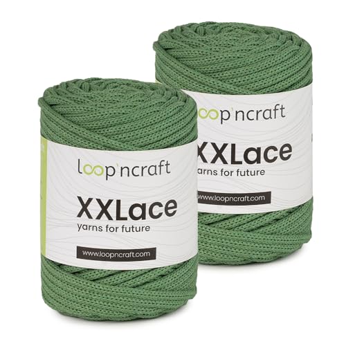 Makramee Garn 2er-Set Olivengrün, Loopncraft, 2 X 4mm - 65m - 250g, Kettengarn, XXLace Garn, Recycling Garn von Loopncraft